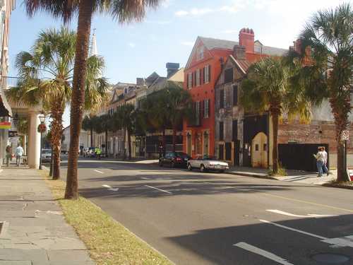 Houses and shops on busy Charleston street