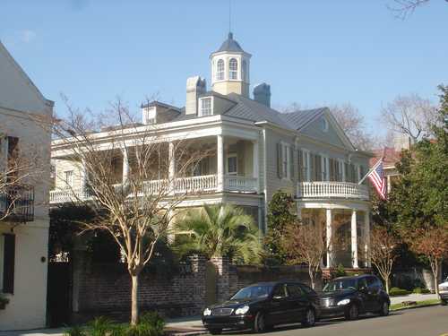 Stately corner home flying American Flag, Charleston